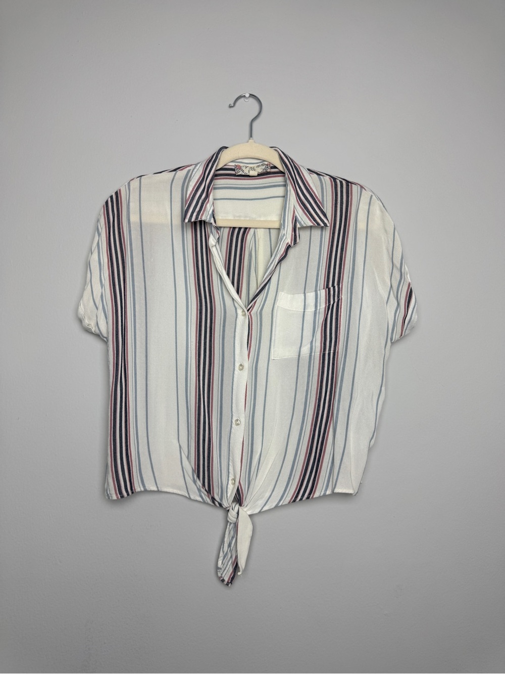 Pink Rose White Button-Front Tie Hem Top with Navy & Burgundy Stripes